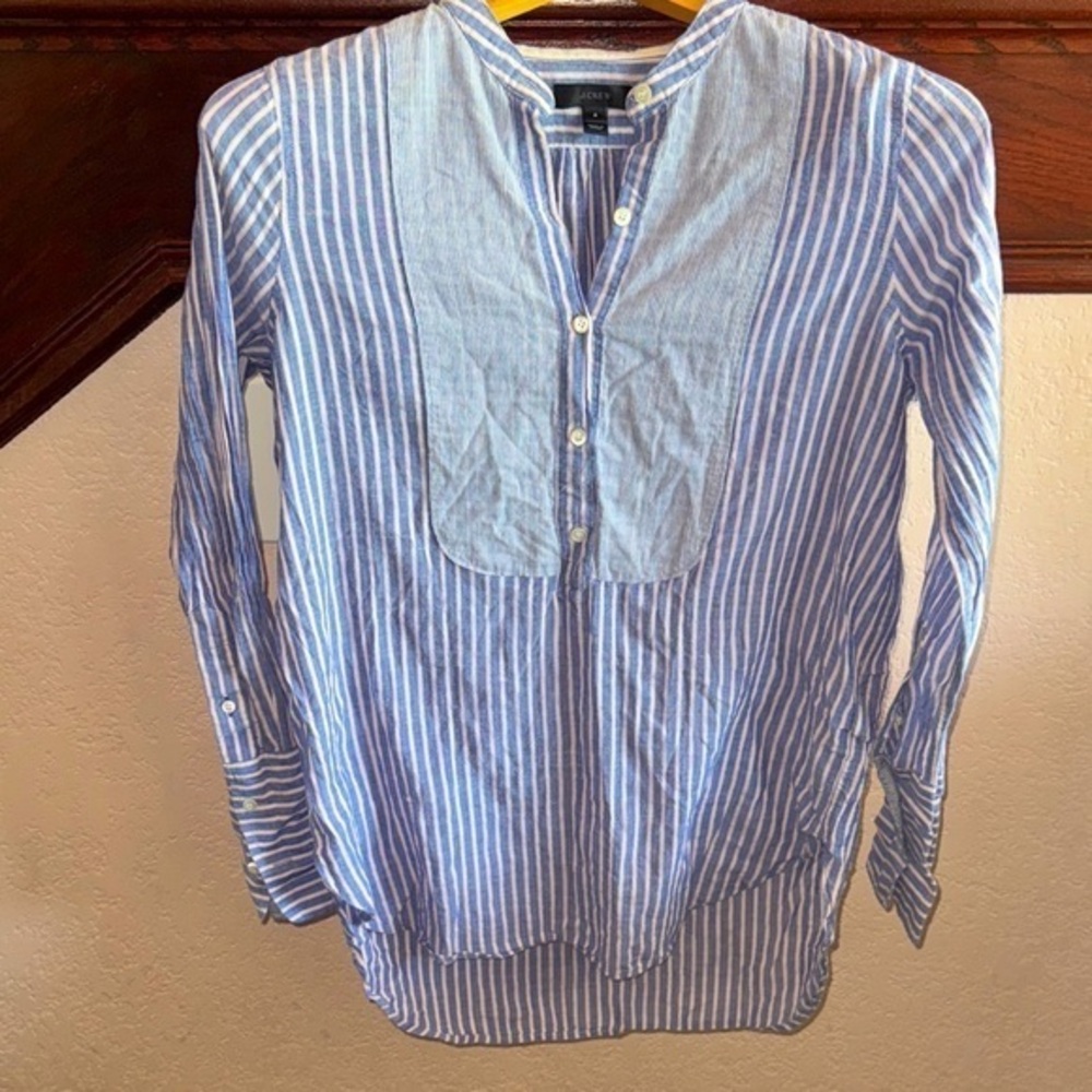 J. Crew Women’s Size 4 Blue and White Striped Casual Cotton 1/4 Button Shirt Top